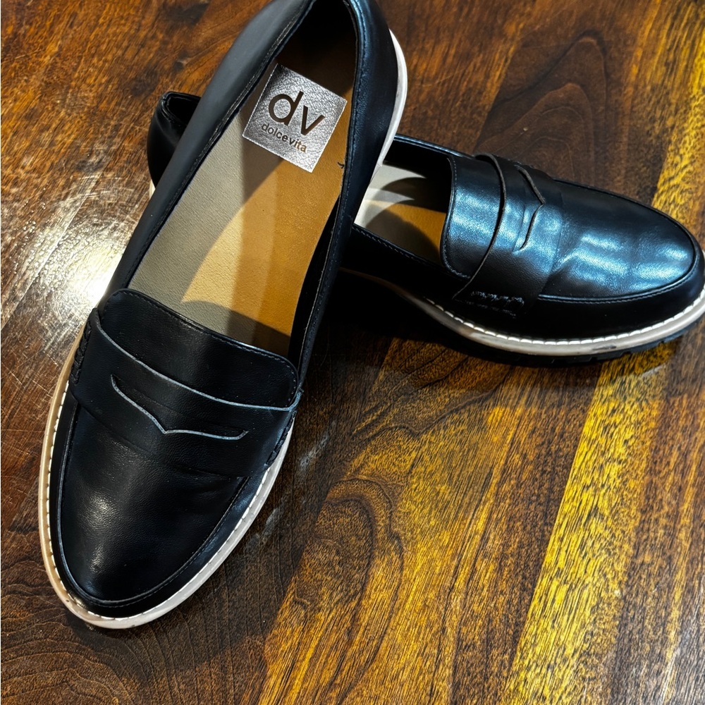 Dolce Vita Black Slip-On Loafers with White Trim